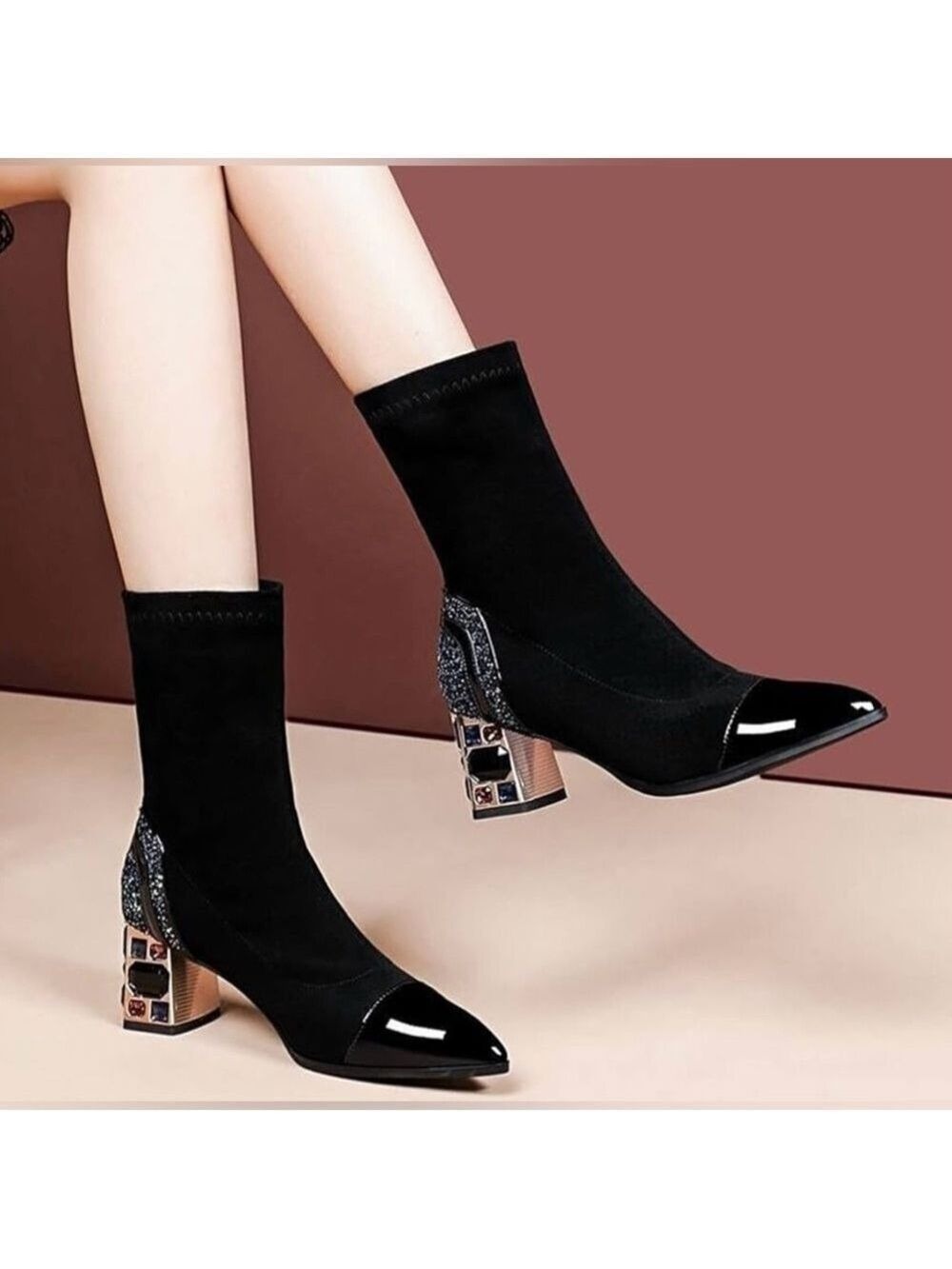 Chic Black Faux Suede Ankle Boots With Gold Bejeweled Heels - Size 36 Euro